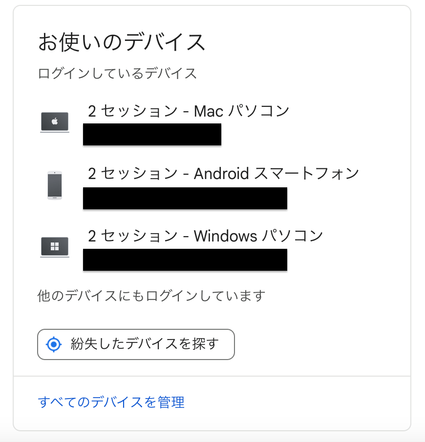 googleアカウントを使用しているデバイス